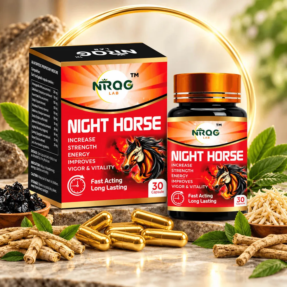 Night Horse capsule box and bottle with ashwagandha, shilajit and safed musli