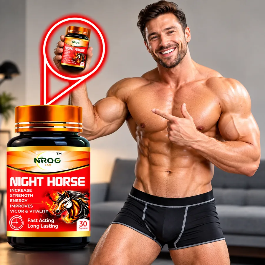 Man holding Night Horse stamina booster capsule bottle